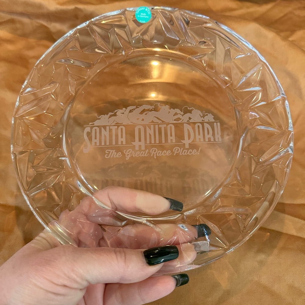 Tiffany& Co crystal plate with Santa Anita Park Etched design